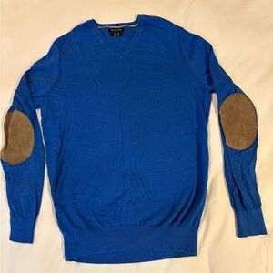 Massimo Dutti V-Neck Blue Sweater with Brown Elbow Patches